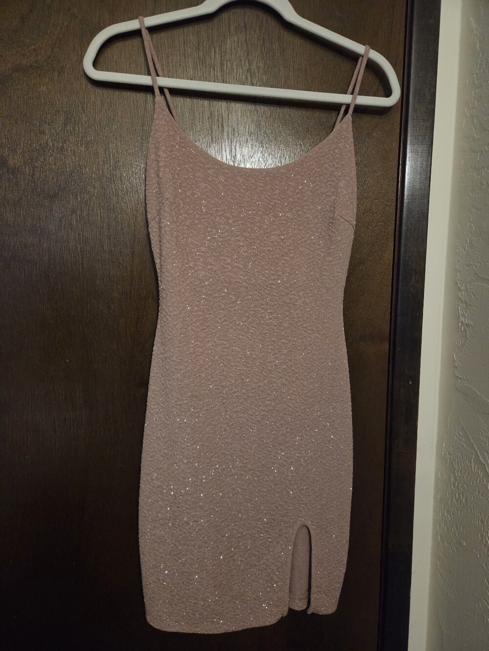 Windsor Glitter Bodycon Mini Dress with Side Slit Tan M